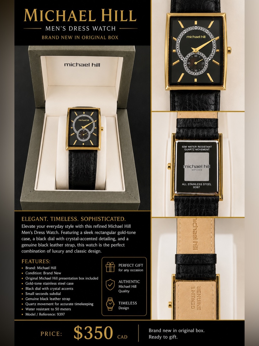Michael Hill Men’s Watch – New in Original Box – Elegant Gold & Black Dress Watc